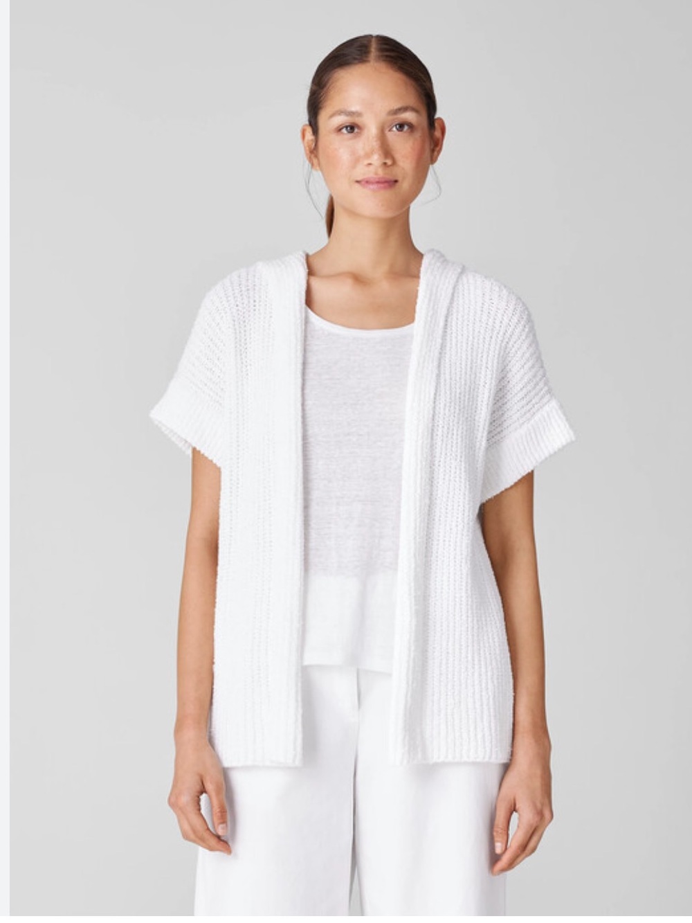 Eileen Fisher Peruvian Organic Cotton Boucle Hoodie Cardigan, Large, White
